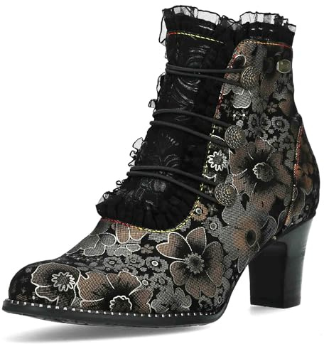 Laura Vita Damen Stiefelette Blumenmuster Rüschen Florale Knöpfe Elcodieo 224, Größe:39 EU, Farbe:Braun