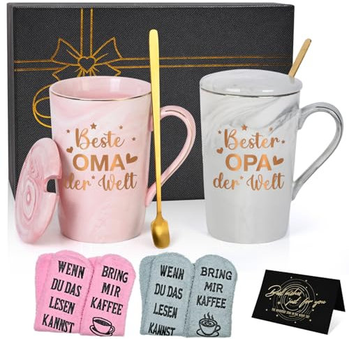Joymaking Kaffeetasse Geschenkset mit Socke, Tasse Geschenk für Opa Oma zum Muttertag Vatertag Weihnachten, Geschenkidee für Großeltern, 400ml Rosa und Grau