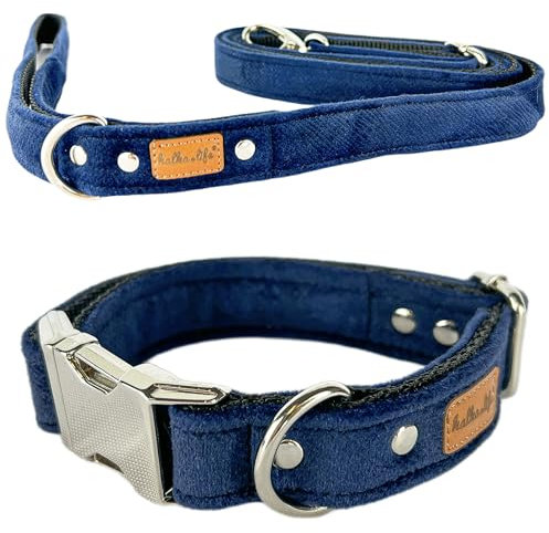 Hundehalsband mit Leine – Set für kleine und große Hunde, strapazierfähig, bequem und verstellbar, mit Metallschnalle (Marine, L (Metallschnalle))
