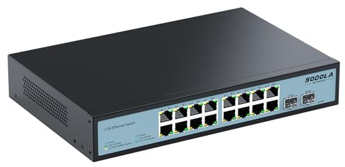 SODOLA Switch a 16 porte da 2,5 Gb Umanaged, 16 porte da 2,5 GBASE-T, 2 x 10 G-SFP,120 Gbps Switching Capacity,1U rack/senza ventole/Plug & Play Multi-Gig Switch di rete per laboratorio SOHO/Home