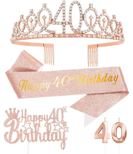 FUNCANDLE Rose Gold 40th Birthday Party Supplies Set -Rose Gold Cake Topper, Tiara Crown, Sash & Rosegold Candle for Girls Women Party Decorations Idea