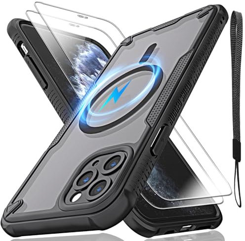 for iPhone 11 Pro Max Case, Translucent Matte Back with Magsafe Magnetic Slim Shockproof Protective Case with Lanyard Strap and 2*9H Tempered Glass Screen Protector Phone Cover 6.5-inch-Black