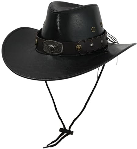 jiingekk Westernhut mit großer Krempe, PU-Leder, Zylinder mit Gürtel, für Kostümpartys, Halloween, Verkleidungen, Requisiten, Kopfbedeckung