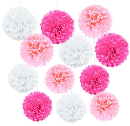 ENLACE Seidenpapier Pompoms, 12 Stück Rosa Weiß Deko Seidenpapier Pompons für Hochzeit, Dekorpapier Blumenpuscheln Papier, Hängende Papier Pom Poms für Hochzeit Geburtstag Taufe Mädchen Party Deko