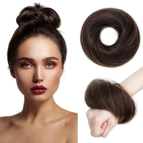 TESS Real Human Hair Bun Elastic Easy Scrunchies Hairpiece Updo Ponytail Extensions Hair Accessories for Women UK #02 Dark Brown