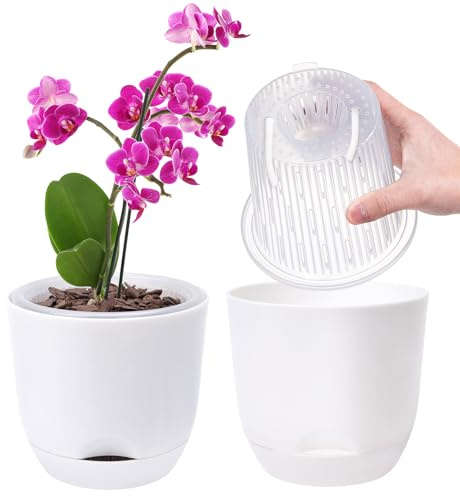 2er-Set Orchideentopf, 14,7 cm Doppelschicht-Design – Transparenter Selbstbewässerungstopf mit Übertopf, Orchideen-Bewässerungssystem, Blumentopf für Orchideen(Reinweiß)