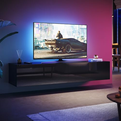 SUNXURY TV Board Hängend 160 cm Modern Wohnwand TV Lowboard Schwarz Lowboard Hängend Hochglanz Fernsehtisch Wandschrank hängender Schrank Modernes Wohnzimmer Möbel 160 x 40 x 30cm