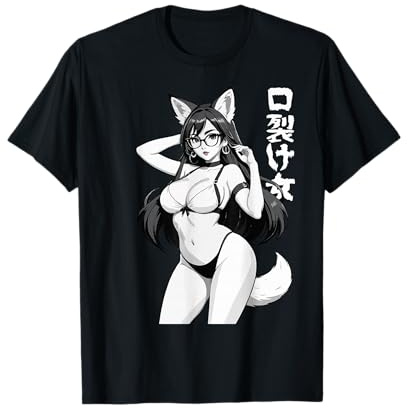 Sexy Waifu Otaku Anime Fox E-Girl Giapponese Bianco e Nero Maglietta