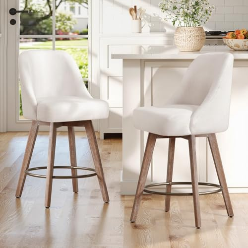 Bekrvio 360°Drehbarer Barhocker 2er Set,Barhocker mit Lehne 65cm Sitzhöhe,Tresenhocker Drehhocker,Küchenstühle mit Holzbeinen & Fußstütze,Komfortabler Barstuhl mit Gepolsterter Sitzfläche Linen