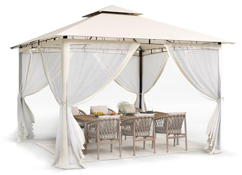 UDPATIO Tonnelle de Jardin Extérieur 2.8x2.8m - Double Toiture Résistante aux Intempéries avec Moustiquaire, Structure Métallique Stable pour Terrasse/Jardin, Beige