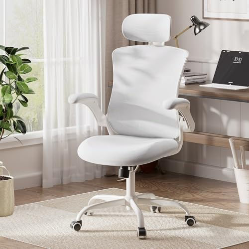 COLAMY Ergonomic Office Chair with Lumbar Support, Mesh Desk Chair with Adjustable Headrest, Computer Chair with Flip-up Armrest, Adjustable Seat Height and Tilt Function for Home Office Study, White