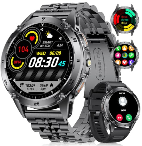 FITFLEX Smartwatch Herren Militär mit Telefonfunktion, 1,43'' AMOLED Smart Watch mit 530mAh Akku, Taschenlampe, Herzfrequenz, Schlafmonitor, 120+Sportmodi IP68 Wasserdicht Sportuhr für Android iOS