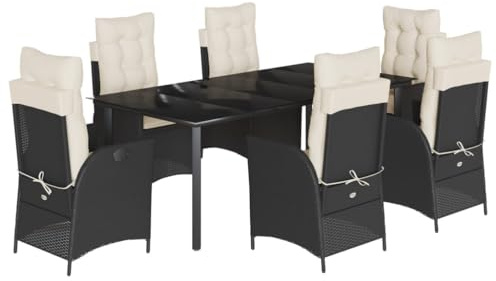 QJBSAVVA Juego de 7 sillas de jardín de ratán sintético con mesa de cristal de 200 x 100 cm y 6 sillas ajustables de respaldo alto, incluye cojines para jardín, terraza, balcón, color negro
