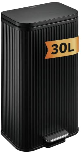 Floordirekt Mülleimer Küche, Liter, Abfalleimer, Treteimer, mit Deckel, Softclose, Fußpedal, Stahl, Inneneimer | Miles | Schwarz | 30 L