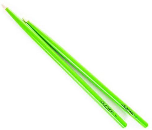 Hornbeam 5A Drumsticks by Music Store, 40.4cm Length, 1.4cm Diameter, Acorn Tip, UV Green Finish, Robust and Resistant