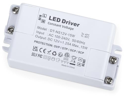YAYZA! LED Trafo 12V, LED Transformator 230V auf 12V 15W DC LED Netzteil, IP44 1250mA LED Driver, Konstantspannungs LED Treiber für LED Streifen Lampen G4, MR11, GU5.3, MR16
