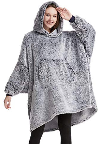 HORIMOTE HOME Oversized Teddy Fleece Hoodie Blanket for Women Cuddly Sherpa Wearable Snuggle Blanket Hoody for Adults Kids Men Teenager, Super Warm and Soft,Dark Navy