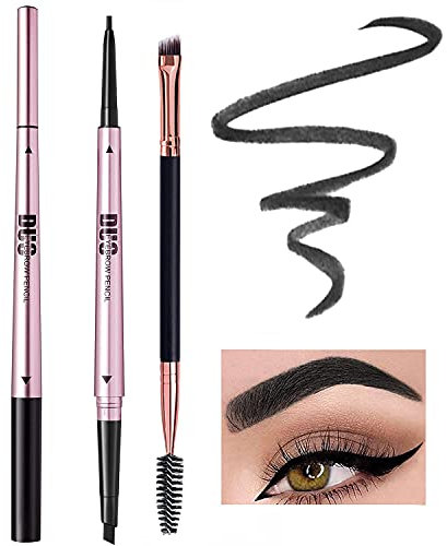 Mihqy 2 PCS Eyebrow Pencil with Brow Brush, Dual Ended Eyebrow Pen, Automatic Makeup Cosmetic Tool（Black)