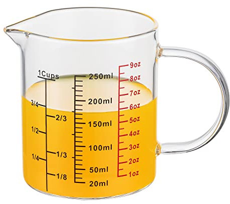 Ackers BORO3.3 Glass Measuring Cup-[Insulated handle | V-Shaped Spout]-Made of High Borosilicate Glass Measuring Cup for Kitchen or Restaurant, Easy to Read, 250 ML (8 Oz, 1 Cup)