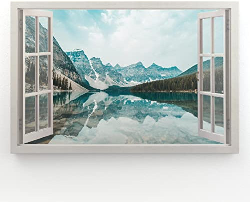 Estika - Leinwand Bilder Fensterblick - Wald, See, Berge - 120x80 cm - 1 teilige Wandbilder, Bild auf Leinwand, Modern Deko für wohnzimmer schlafzimmer - Natur Landschafts bilder - 5994A_1B