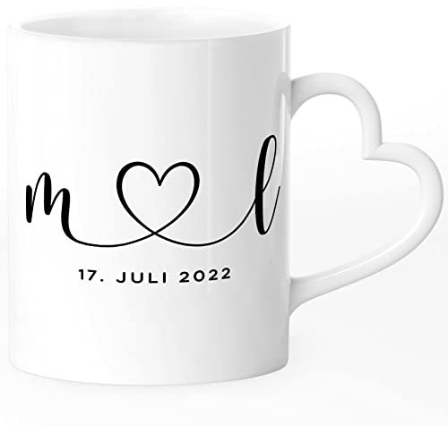 SpecialMe® Kaffee-Tasse Herzhenkel Hochzeit personalisiert mit Initialen Anfangsbuchstaben und Herz Datum Hochzeitsgeschenk weiß - Herz standard