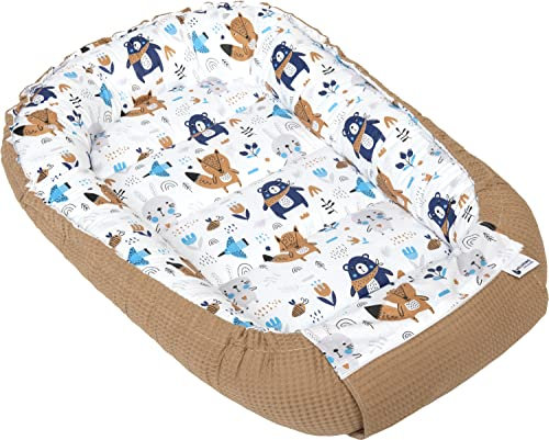 Medi Partners Babynest Nestchen für Neugeborene - 100x60x15 Babynestchen Baby zweiseitg Nest Bett 100% Baumwolle Waffel Kuschelnest tragbar (Boho mit beige Waffel)