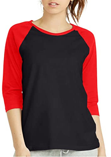 Damen-Baseball-T-Shirt mit 3/4-Ärmeln, Raglan-Shirt, Trikot, Viertelärmel, T-Shirt, schwarz / rot, Groß