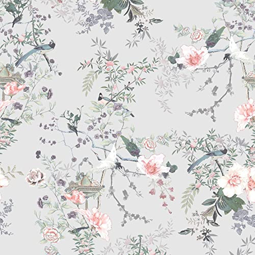 Muriva Lipsy Ophelia Wallpaper - Modern Wallpaper for Living Room, Bedroom, Fireplace - Decorative Luxury Nature Wall Paper with Birds & Cherry Blossom Trails (Soft Pink, Green & Grey)