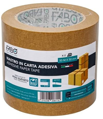 Fabo 2 Rotoli Nastro di Carta per Imballaggio, 50 m x 50 mm, Presa Immediata, Forte Resistenza, Scrivibile, Ecologico Si Smaltisce nella Carta, Ideale per Imballo Pacchi, Marrone, Made in Italy