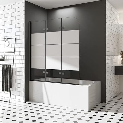 Duschwand für Badewannen 120 x 140 cm 3 teilig Schwarz faltbar Dekor Querstreifen Duschabtrennung Sicherheitsglas hell Faltwand Duschwand Nano Glas