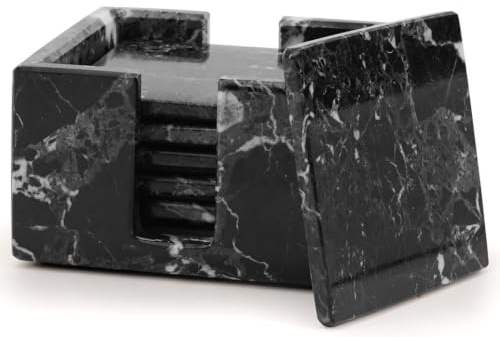 Radicaln Lot de 6 sous-Verres carrés en marbre avec Support Noir 3,5 | Sous-verres polis et découpés à la main, avec base en feutrine – Pour table basse ou chariot-bar – Livrés en coffret cadeau