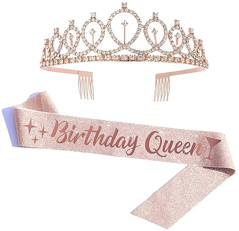 Geburtstags Krone, Birthday Girl Krone Rose Gold, Mädchen Kristall Tiara, Tiara Kristallkrona Mit Birthday Queen, Geburtstags Krone und Schärpe, für Zubehör Geburtstagsfeiern, Geschenke