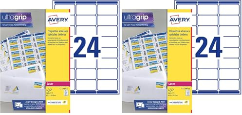 AVERY - Pochette de 360 étiquettes autocollantes MonTimbrenligne, Personnalisables et imprimables, Format 63,5 x 33,9 mm, Impression laser, (L7159-15) (Lot de 2)