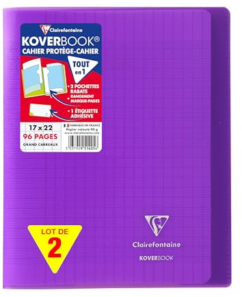 Clairefontaine 951405AMZC Un lot de 2 Cahiers Agrafés Koverbook - 17x22 cm - 96 Pages Grands Carreaux 90 g - Couverture Polypro - Couleur : Violet