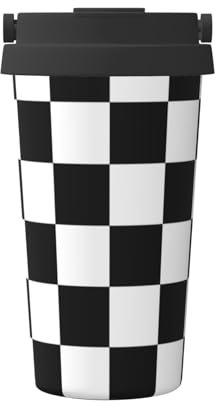 FUkker Taza de café aislada, taza de viaje de 500 ml, taza de café con vaso aislado de acero inoxidable,Enorme Fórmula Uno De F1 A Cuadros En Blanco Y Negro