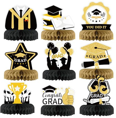 HONMOK 9 Stück Abschluss Deko 2024 Graduation Deko Bienenwaben Schwarz Gold Abitur Waben Mittelstück Tischaufsätze für Abi Prüfung Bestanden Abschlussfeier Schulabschluss Tischdekoration