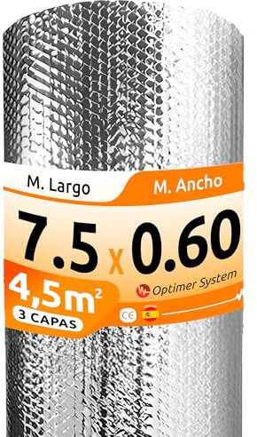 AISLANTE TERMICO MULTIUSOS PREMIUM| Reduce el Frio y el Calor | Rollo Aislante Termico para Ventana, Pared, Suelo, Techo, Coche, Garaje,Camper (7.5x0.60m | 4.5m² sin cintas)