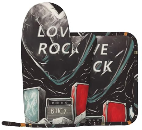 Ufuson Set di guanti da forno e presine Love Rock stampati guanti da forno resistenti al calore, antiscivolo, lavabili, 2 pezzi, per cucina, cucina, forno, barbecue