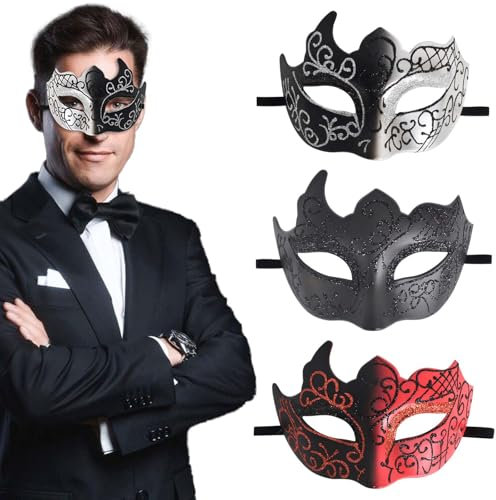 Cleminsta 3 Stück Venezianische Masquerade Maske für Männer - Mit Feder, Cosplay Mardi Gras, Karneval Augenmaske für Halloween und Party Kostüm
