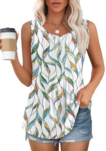 Chicrise Damen Tank Top Lässig Plissee Tunika Rundhals Einfach Bluse Sommer Elegant Mehrfarbig Groß 42-44