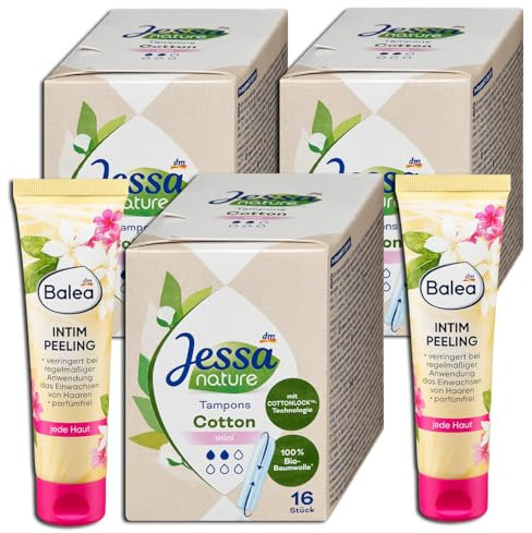 5-tlg Set: 3 x Tampons Cotton Mini nature, 16 x 3 = 48 Stück Ohne Farbstoffe + 2 x Peeling Parfümfrei
