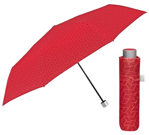 PERLETTI Regenschirm Kompakt Handtasche für Damen - Taschenschirm Manuell für Frauen Mädchen - Damenschirm Regen Schirm Sturmfest Leicht Mini - Durchmesser 97 cm (Rot Geometrisch)