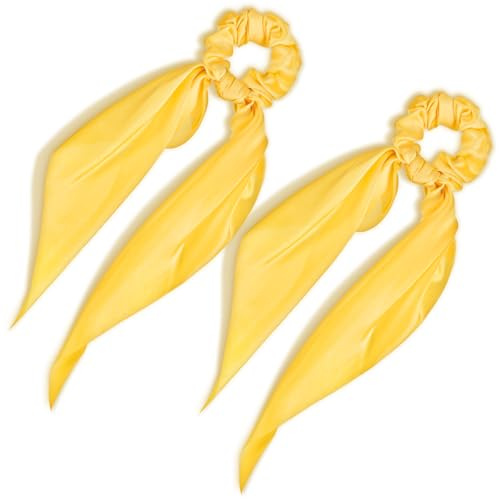 2 Stück Elastisches Satin Haargummi, Scrunchies Haargummis Bowknot Scrunchie Bunte Haarbänder mit Schleife Silk Crunchies Kaninchenohren Form Pferdeschwanz Haarschmuck für Frauen Mädchen (Gelb)