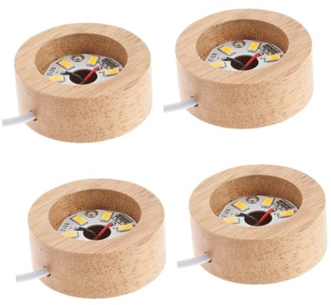 VICASKY 4 Stück LED Holzsockel Rund Breit mit Warmweißer LED Beleuchtung USB Betrieben für Kristallkugel Deko Kristallkunst Lichtsockel Display Basis