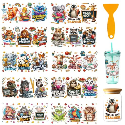 GOMAKERER 30 Styles Teacher Theme UV DTF Cup Wraps, 10 Sheets Cartoon Animals Books Blackboard Cup Wraps Decals Waterproof Rub on Transfer Stickers for Glass Cups Furniture Decorations