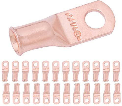 SELTERM 4 AWG (25 mm²) - 1/4 (M6) ⌀ Hole UL Heavy Duty Wire Lugs, Battery Cable Ends, Bare Copper Eyelets, Tubular Ring Terminal Connectors [B31] - 25 Pack