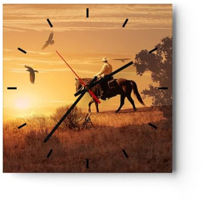 Modern Wanduhr Pferd Cowboy Bauernhof Reiten 40x40cm Quadrat Groß Wand Uhr Glas Analog Zimmeruhren Küche Büro Wohnzimmer Glasuhr Wall Clock Dekoration Design Wanddekoration Küchenuhr C3AC40x40-2955