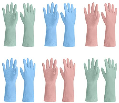 TopBine 6 Paar Gummihandschuhe,lange Gummihandschuhe aus Nitril Haushalt Küche Reinigung Wasserdichte Handschuhe Gartenhandschuhe Wiederverwendbare Handschuhe (6L)(Zufällige Farbe)