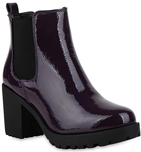 Damen Stiefeletten Chelsea Boots Profilsohle Blockabsatz Schuhe 177219 Lila Lack 37 Flandell