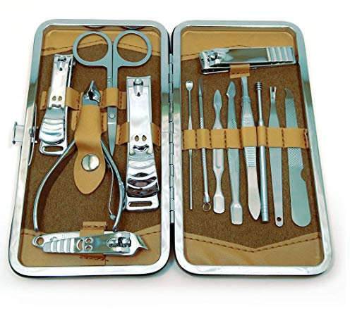 LND GIFTS Nail Clippers Manicure Set Stainless Steel Nail Kit for Men & Women - 14 pcs Including Nail Scissors, cuticle remover, Nail Care Gift In Brown Storage Case